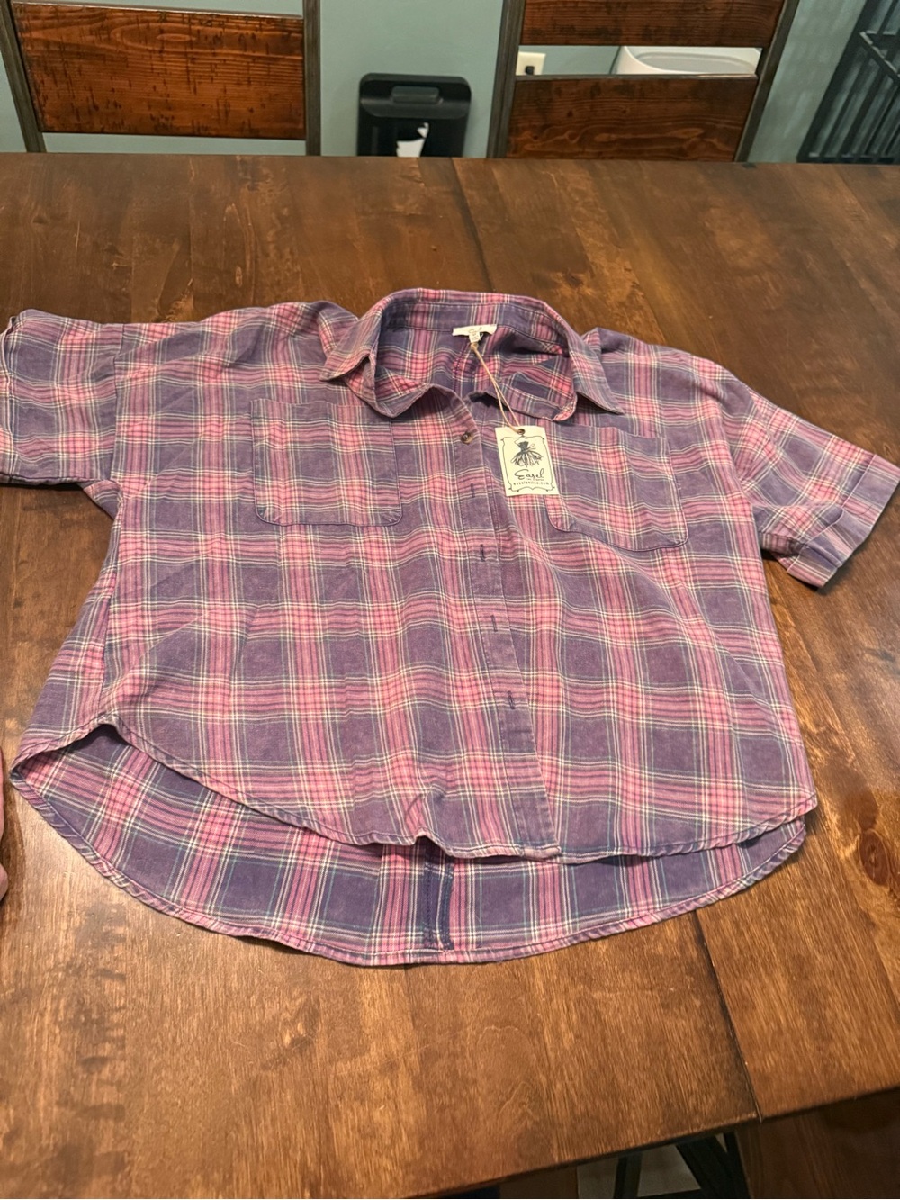easel Short Sleeve Plaid Button-Down Shirt in Purple & Pink